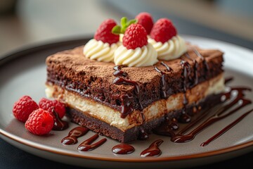 Brownies topped with vanilla buttercream and raspberries drizzled with chocolate glaze on a plate