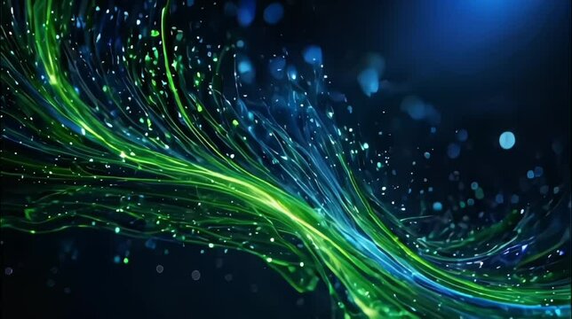 abstract loop blue and green flowing glitter particle