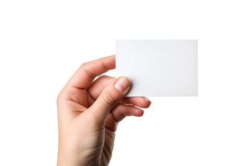 Obraz premium Woman Hand holding blank business card on white background. Neural network generated image. Not based on any actual scene or pattern.