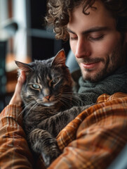 Casual guy wearing relaxed attire sitting in a sleek computer chair tenderly holding a grey and black cat embodying comfort and companionship in a home office setup