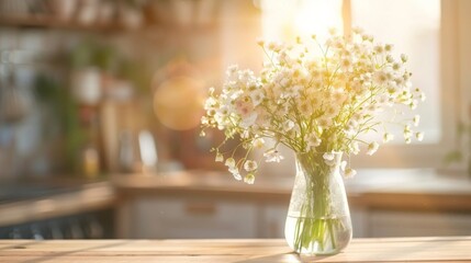 A clear vase filled with soft baby's breath flowers on a sunny wooden tabletop.