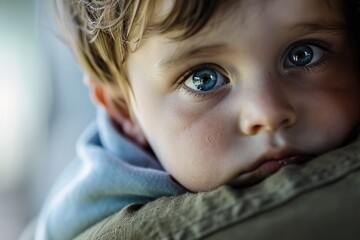 Portrait of a cute little boy with blue eyes looking at camera. A close-up showcasing the innocence reflected in the eyes of the baby brother, held securely in the arms of the offended person. 