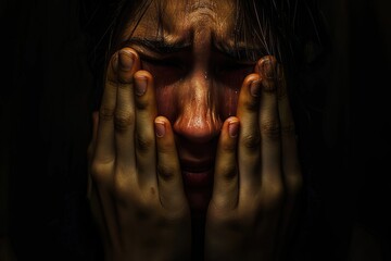 Scary woman with hands covering her face in fear and horror concept. A close-up portrait of a person covering their face with their hands, conveying a sense of shame or discomfort. - obrazy, fototapety, plakaty