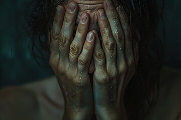 Scary woman with hands covering her face in fear and horror concept. A close-up portrait of a person covering their face with their hands, conveying a sense of shame or discomfort. - obrazy, fototapety, plakaty