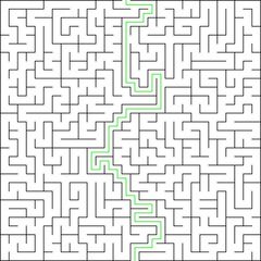 Education logic game labyrinth for kids. Find right way. Isolated simple square maze black line on white background. With the solution. Vector illustration.