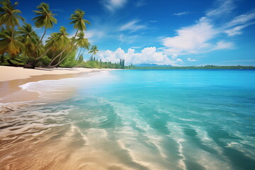 Island Paradise - Palm trees hanging over a sandy white beach with stunning blue waters