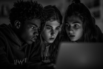 Three high school teens huddled in front of a laptop their faces illuminated by the screen as they focus intensely captured in a candid documentary photography style