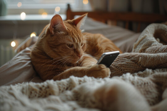 Side view of a whimsical orange cat on a cozy bed intently gazing at a phone screen encapsulated in an editorial photography aesthetic