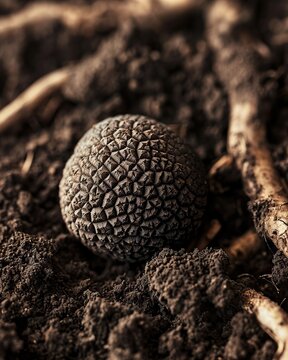 A close-up showcasing the exquisite texture and earthy tones of a freshly unearthed black truffle, nestled among rich soil and roots. The play of natural light accentuates the intricate patterns.