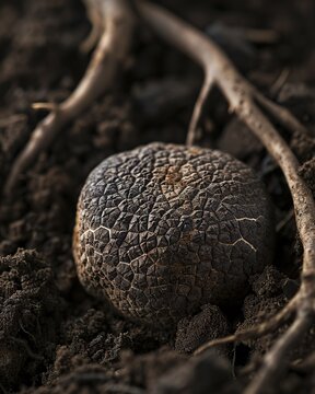 A close-up showcasing the exquisite texture and earthy tones of a freshly unearthed black truffle, nestled among rich soil and roots. The play of natural light accentuates the intricate patterns.