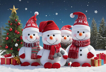 Christmas snowmen with gifts are seated beneath a tree and wearing red hats with stars on the ear flaps, mittens, and vibrant scarves. Christmas related idea. 