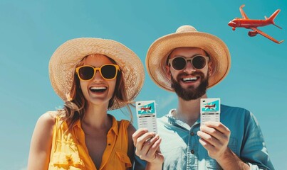 
Travel abroad concept. Joyful couple ready for vacation, woman holding little plane model and flight tickets best stock, best stock photos, bright background