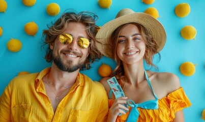 
Travel abroad concept. Joyful couple ready for vacation, woman holding little plane model and flight tickets best stock, best stock photos, bright background
