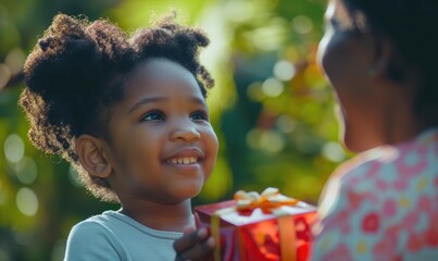 Close up Happy african american child little girl presenting a bright gift to her mother cheerfully smiling on sunny day outdoors
