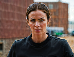 photo of beautiful woman as a undercover agent wearing black long sleeve shirt and tactical pant, generative AI