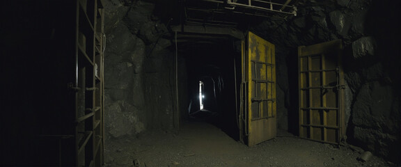 Exploring an old abandoned coal or mineral mine. Dark and dim shaft. old entrance from inside. 