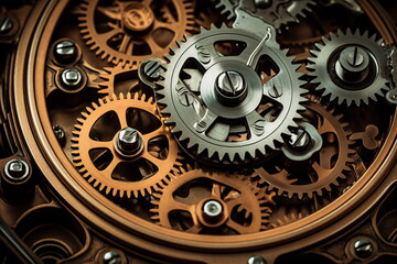 Engine gears wheels, closeup view. Vintage gears and mechanisms