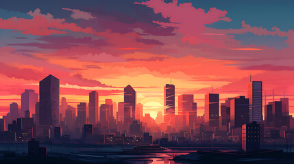 A vector illustration of a modern skyline at sunset.