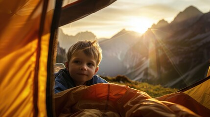 Little girl enjoying the first light of dawn in a tent on a mountain camping trip, a perfect blend of adventure and innocence - AI generated
