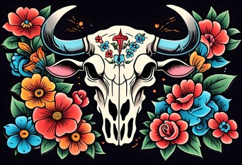 Illustration of Vintage, Flash art, Tattoo, cow skull, bull skull, skeleton, bone, flower, flowers,  Retro, Old-school, Ink.