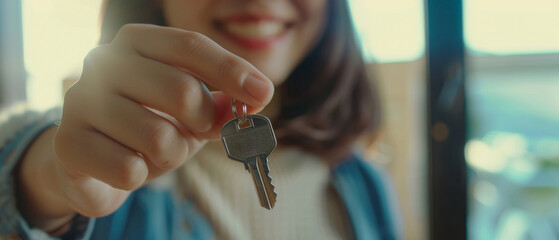 Smiling woman hands over the keys, symbolizing new beginnings or ownership.