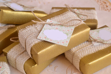 Golden wedding anniversary favors for guests handmade soap, gift box decoration with white burlap...