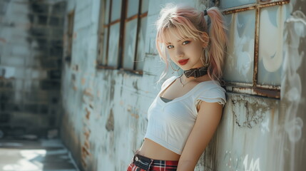 Naklejka premium コンクリートの壁の前に立つストリートファッションの若い女性