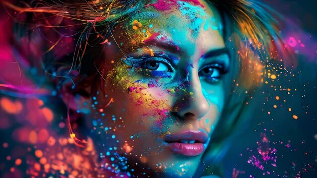 Woman looking at the camera with paint and glitter on her face