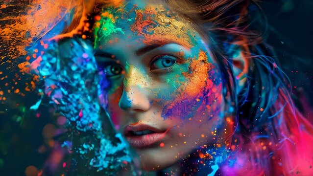 Woman looking at the camera with paint and glitter on her face