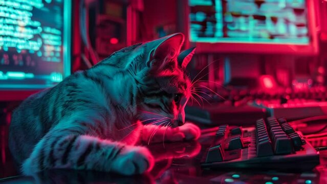 Cute kitten touching the keyboard and looking at the computer.