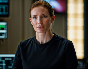 Obraz premium photo of beautiful woman as a commander agent wearing black long sleeve shirt and tactical pant with monitor and screen in control command room, generative AI