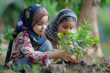 children planting tree in a forest