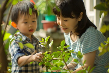 mother and son planting tree in a forest