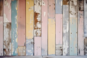 Old wooden planks wallpaper texture, rough, vintage, pastel colors pink, blue and yellow banner