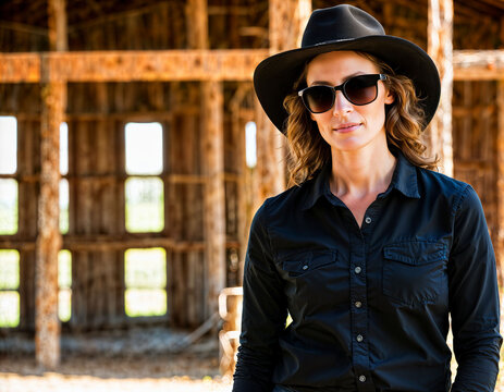 photo of beautiful woman as a professional agent wearing black long sleeve shirt and tactical pant and cowboy hat om ranch, generative AI
