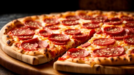 Tasty close-up of pepperoni pizza with melted cheese on wood  - obrazy, fototapety, plakaty