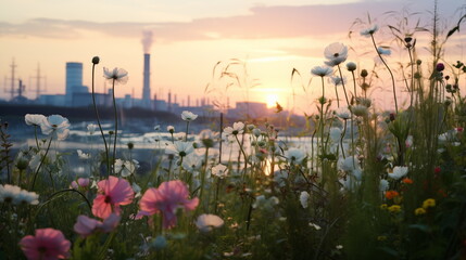 Wildflowers and plant polluting the air in the background at sunset. Concept of man and nature. Ecological problems - obrazy, fototapety, plakaty