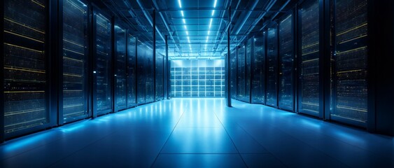 Tech-forward data warehouse illuminated with serene blue light 