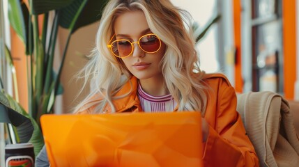 Blonde woman radiates happiness while shopping online Evoke warmth and vitality with reflective hues and bright colors.