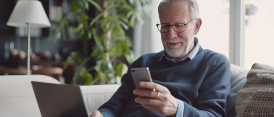 Senior man multitasking with a smartphone and laptop in a cozy home setting.
