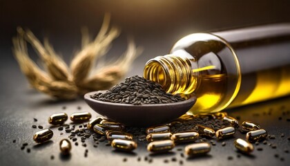 capsules black cumin oil with cumin seeds in closeup - obrazy, fototapety, plakaty