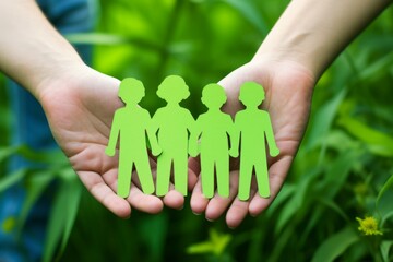 Hand holding paper figures happy family bond concept children health insurance together parents care for child protection safety security community partners silhouette love symbol help cooperation
