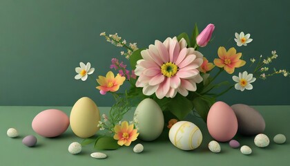 simple easter concept minimalistic flower and eggs arrangement on a green background