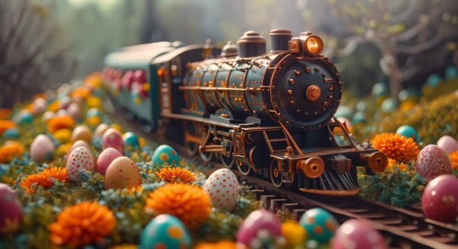 Easter eggs adorning an old-fashioned train through the countryside