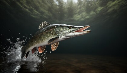 freshwater pike fish esox lucius jumping out of water - obrazy, fototapety, plakaty
