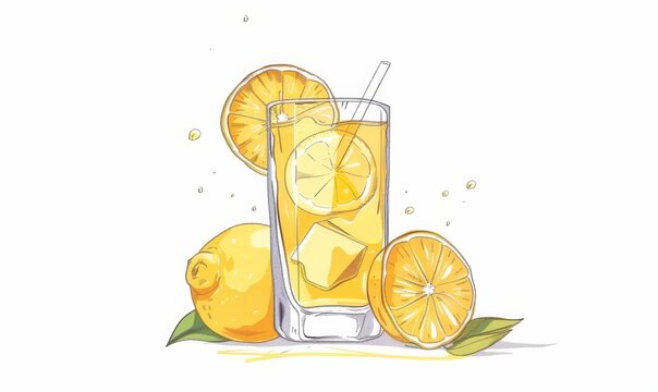 Lemonade drink in glass, watercolor painted style
