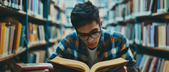 Dedicated student engrossed in studying amidst a library’s bookshelves. - obrazy, fototapety, plakaty