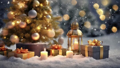 Fototapeta na wymiar christmas and new year holidays background christmas tree gifts and candles on the snow