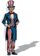 Colored Drawing of Uncle Sam in a Classic American Flag Costume - Illustration Isolated on White Background, Vector - 749874506