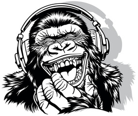 Drawing of a Laughing Gorilla with Headphones on Ears - Black and White Illustration Isolated on White Background, Vector - 749874508